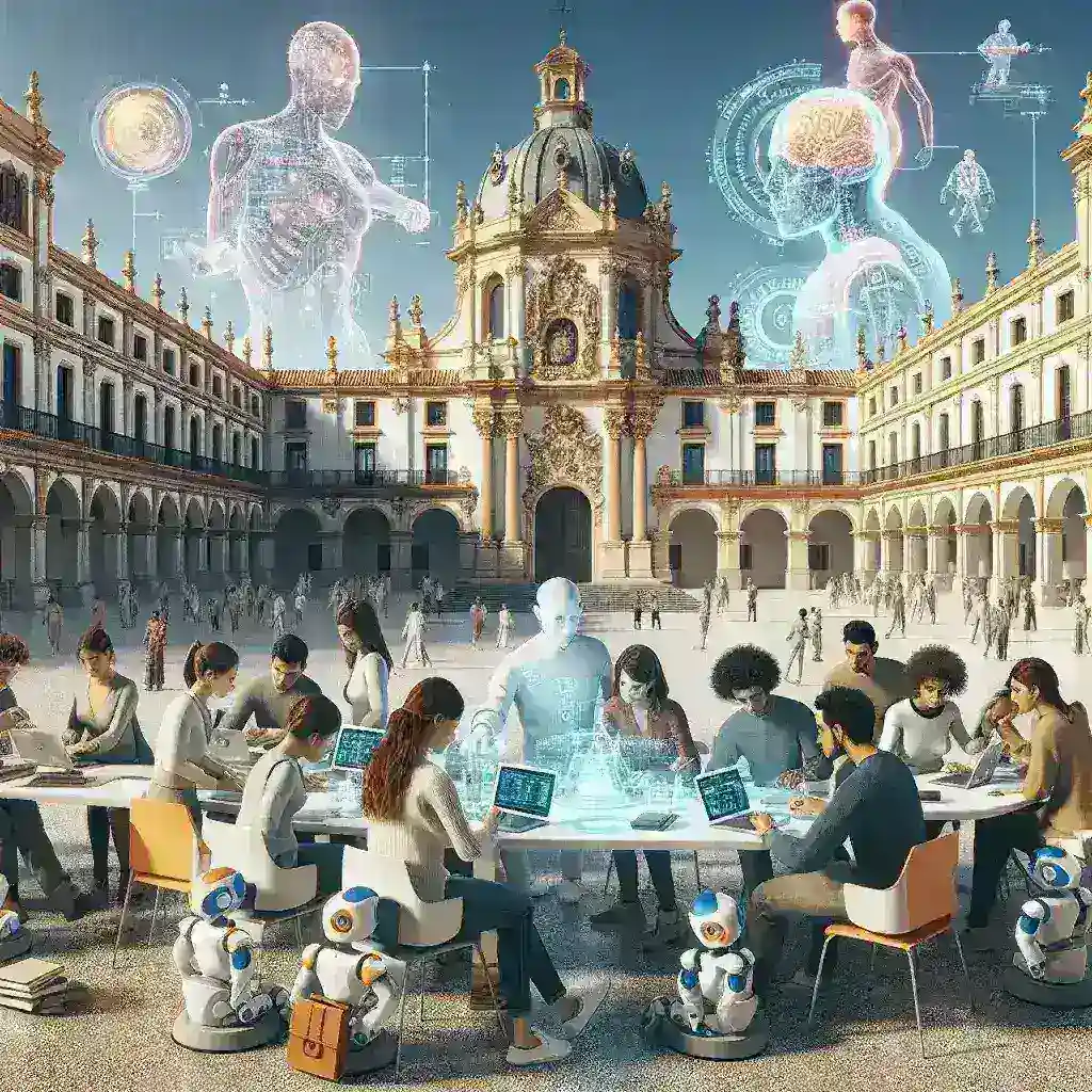 "Estudiante en una universidad española interactuando con un agente de inteligencia artificial durante un proyecto de investigación, simbolizando la integración de IA en la educación superior en España."
