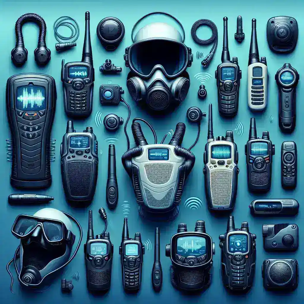 "Dispositivos de comunicación subacuática en tiempo real para buceo extremo y exploración marina, mostrando tecnología avanzada y diseño innovador."
