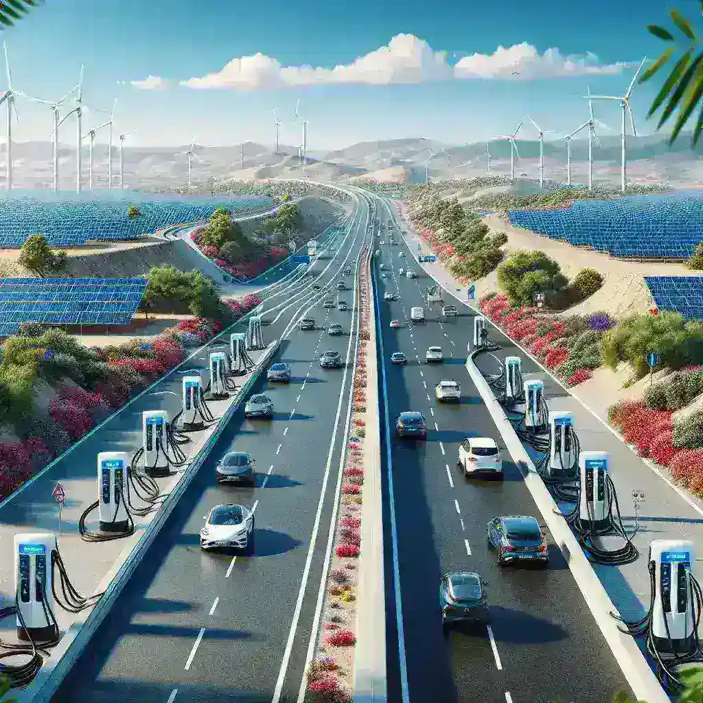 "Imagen de un cargador rápido de vehículos eléctricos instalado en una autopista en España, simbolizando el nuevo plan del país para implementar miles de estaciones de carga rápida para fomentar la movilidad sostenible y reducir la huella de carbono."