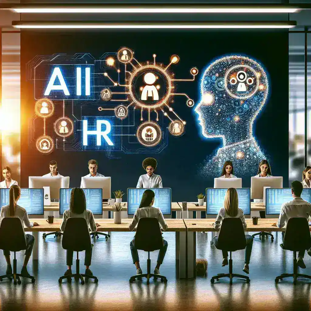 "Imagen de un equipo de emprendedores en una oficina moderna, trabajando en soluciones de inteligencia artificial para recursos humanos en startups españolas."